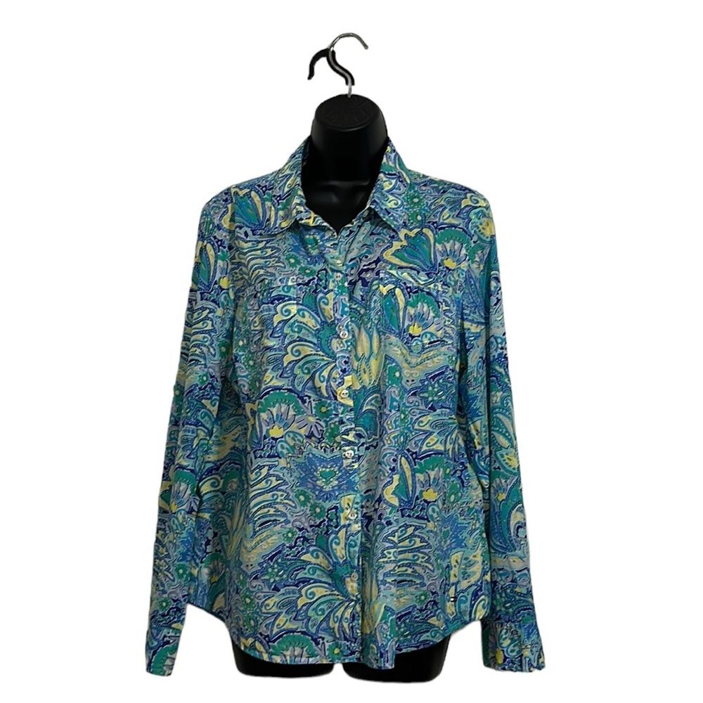 Tommy Hilfiger Blue Floral Button Down Long Sleeve Roll tab Shirt Sz XL